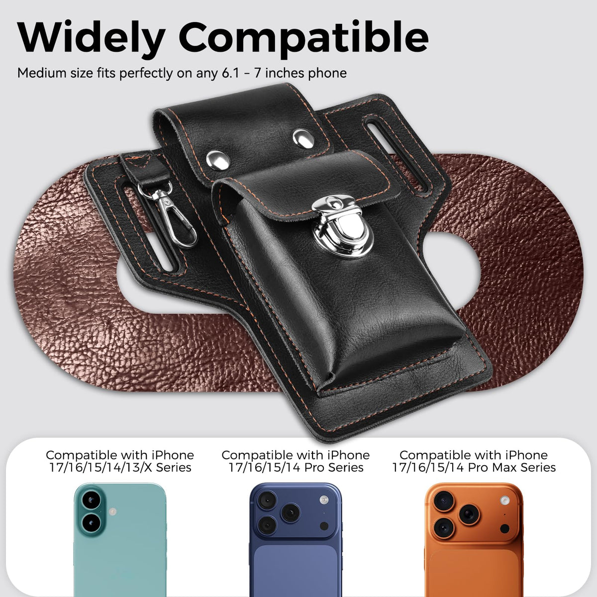 Leather Cell Phone Holster for Men, EDC Belt Pouch with Magnetic Closure & Keychain Clip, Lightweight Universal Waist Phone Case for Large Phones, Dog Walking, Travel & Hiking