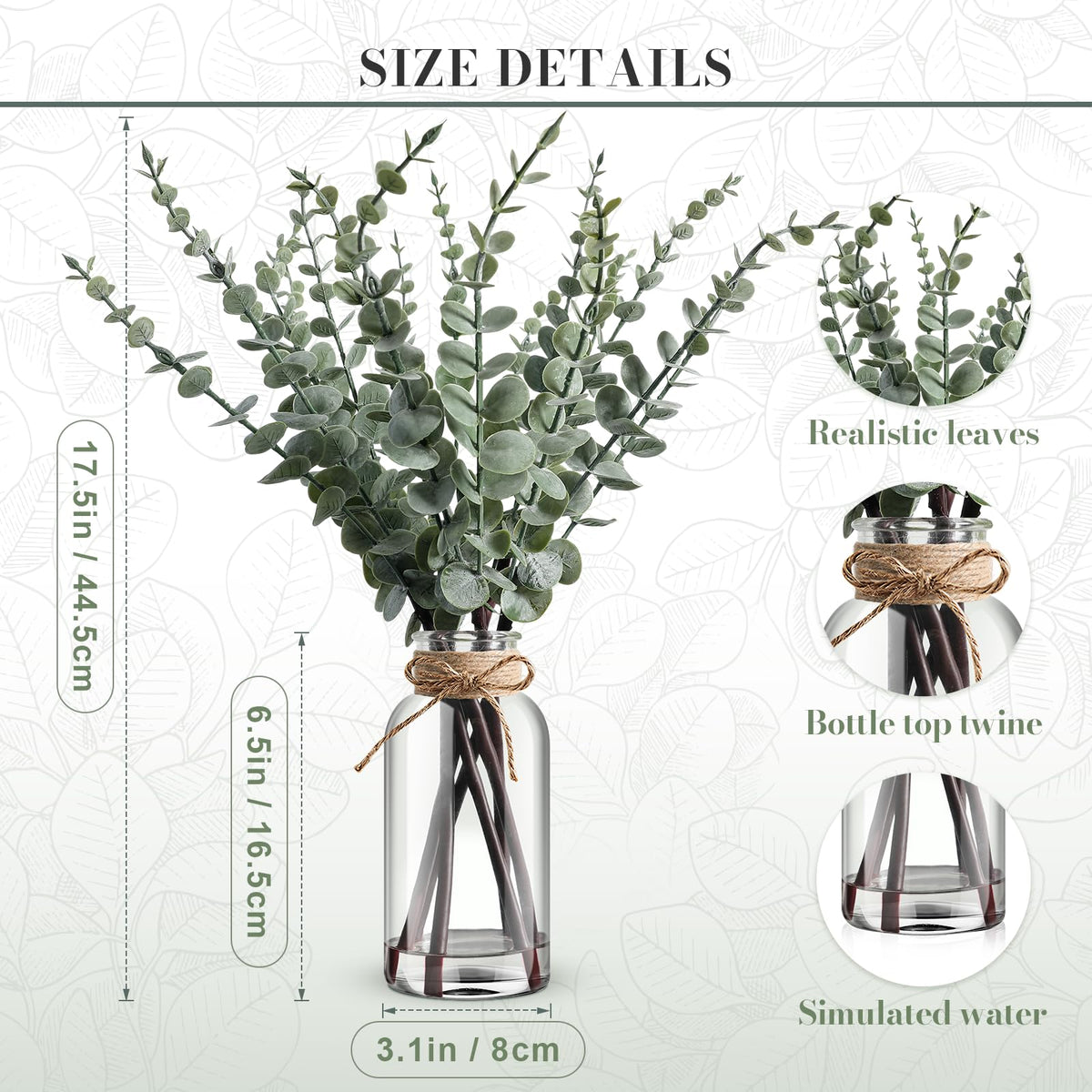 Artificial Eucalyptus Stems in Glass Vase with Hemp Rope and Faux Water 17.5inches Table Decorations Fake Greenery Plants Stems Fake Plants Leaves for Farmhouse Livingroom Bathroom, Light Green