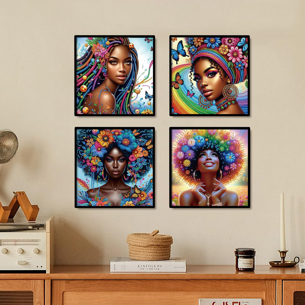 4pcs DIY Diamond Art Painting Kit- African American beauties, 5D Diamond Art Crafts, Suitable for Beginners, Suitable for Home, Art Wall, and Festival Party Decoration, Creative Home Decoration Gifts
