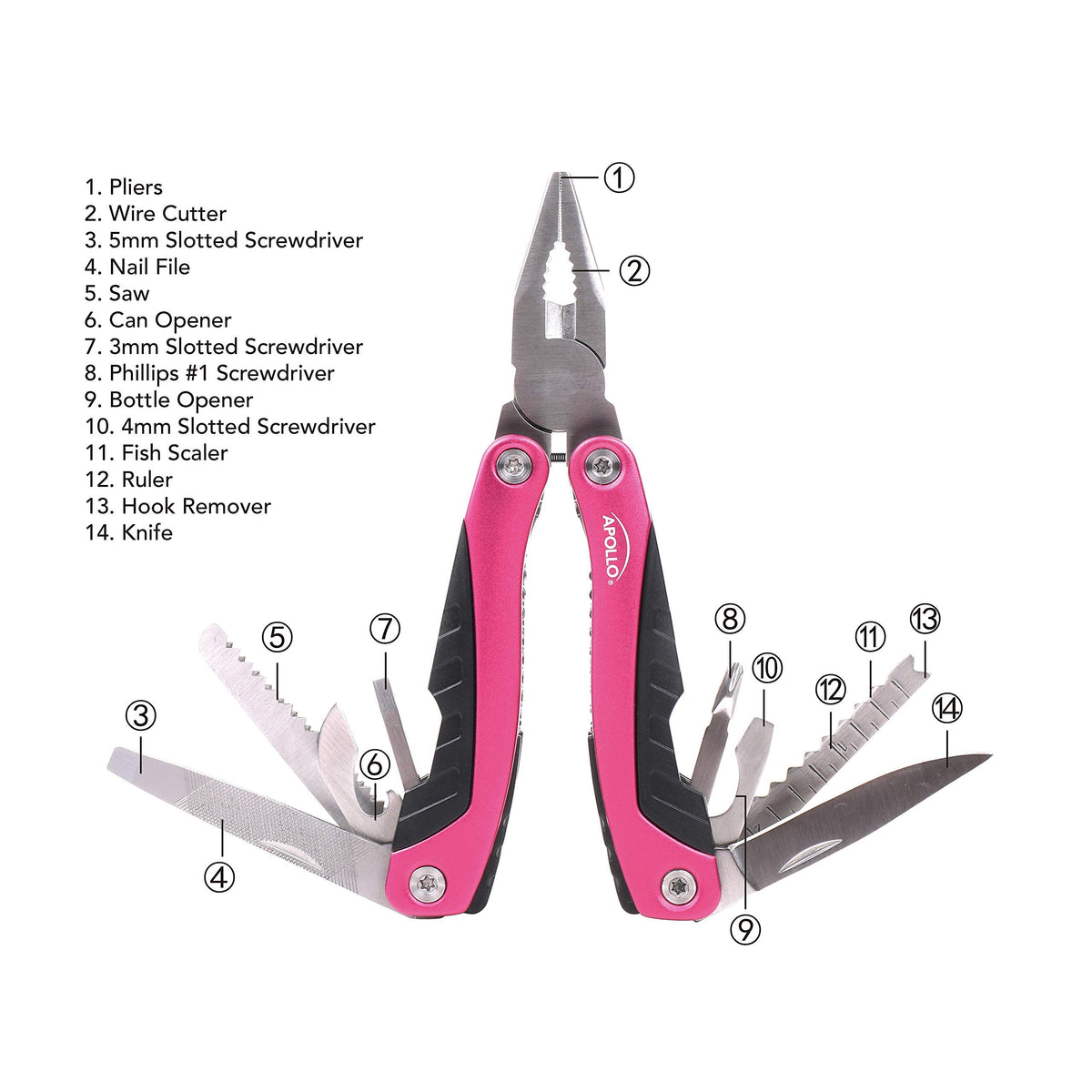 Apollo Tools 14-in-1 Steel Pocket Multitool Pliers, Dozens of Uses for Everyday Life, Repairs, Survival, Outdoors, Camping, Fishing - Pink Ribbon - Pink - DT5015P