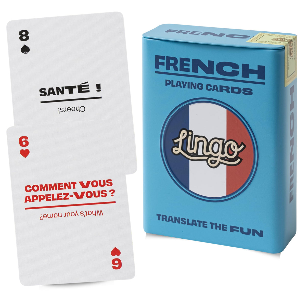 Lingo French Playing Cards in Wayfarer Tin Box | Travel Flashcards | Learn French Vocabulary in A Fun & Easy Way | 52 Essential Translations