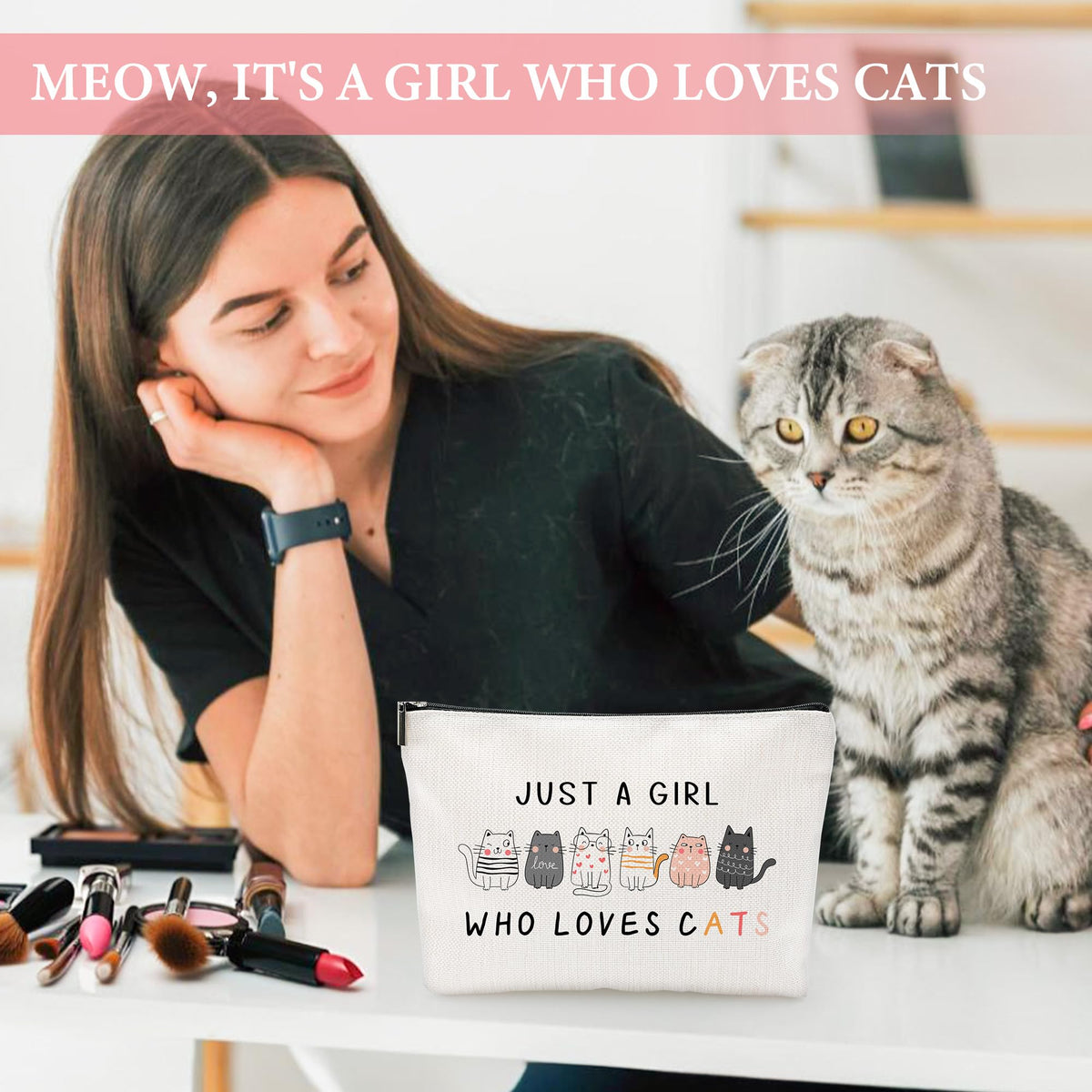 Verouis Cat Mom Gifts for Women Unique Cat Themed Gift for Cats Lovers Gifts for Women Funny Cats Accessories for Woman - Kitty Paw Socks Keychain Pen Candle Cup Sticky Notes Makeup Bag Card