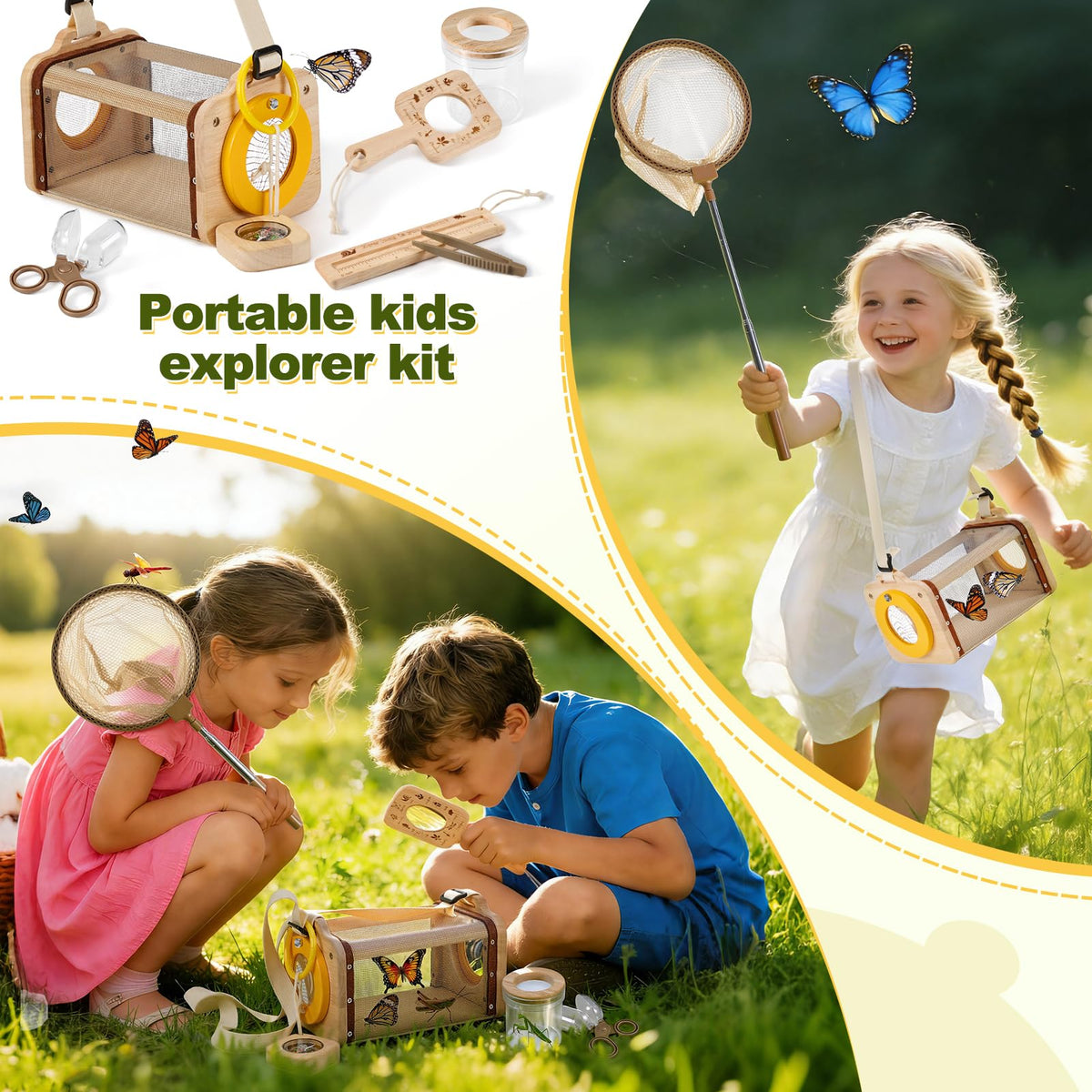 Wooden Bug Catcher Kit for Kids,10PCS Kids Bug Catching Kit with Bug Collector,Butterfly Net,Magnifying Glass,Toddler Bug Habitat Outdoor Explorer Kit Bug Collection,Nature Gift for Boys&Girls