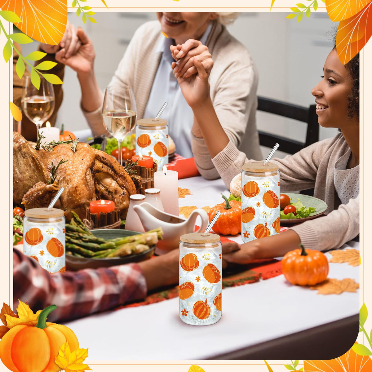 Yetene 12 Pcs Thanksgiving Fall Glass Cups Gifts 16 oz Color Changing Pumpkin Glass Tumblers with Lids Straws Brushes Funny Fall Pumpkin Iced Coffee Cups for Autumn Halloween Party Gifts Supplies