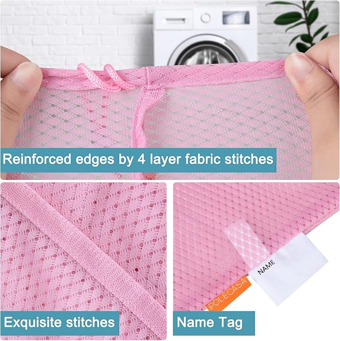 Polecasa Heavy Duty Large Mesh Laundry Bags with ID Tag and Locking Drawstring Closure - 2 Pack, 24 x 36 inches - Laundry Hamper Liner, Washable Laundry Bag for Travel, Sports, Dorms (Pink)