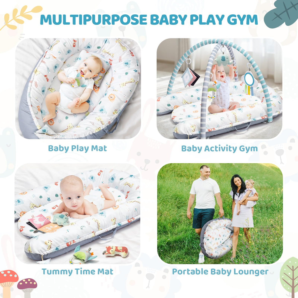 Baby Play Mat, 7-in-1 Infant Gym Mat for Sensory and Motor Development, Washable & Portable Newborn Tummy Time Activity Mat for Home & Travel, Babies Gift for 0-3-6-9-12-18 Months