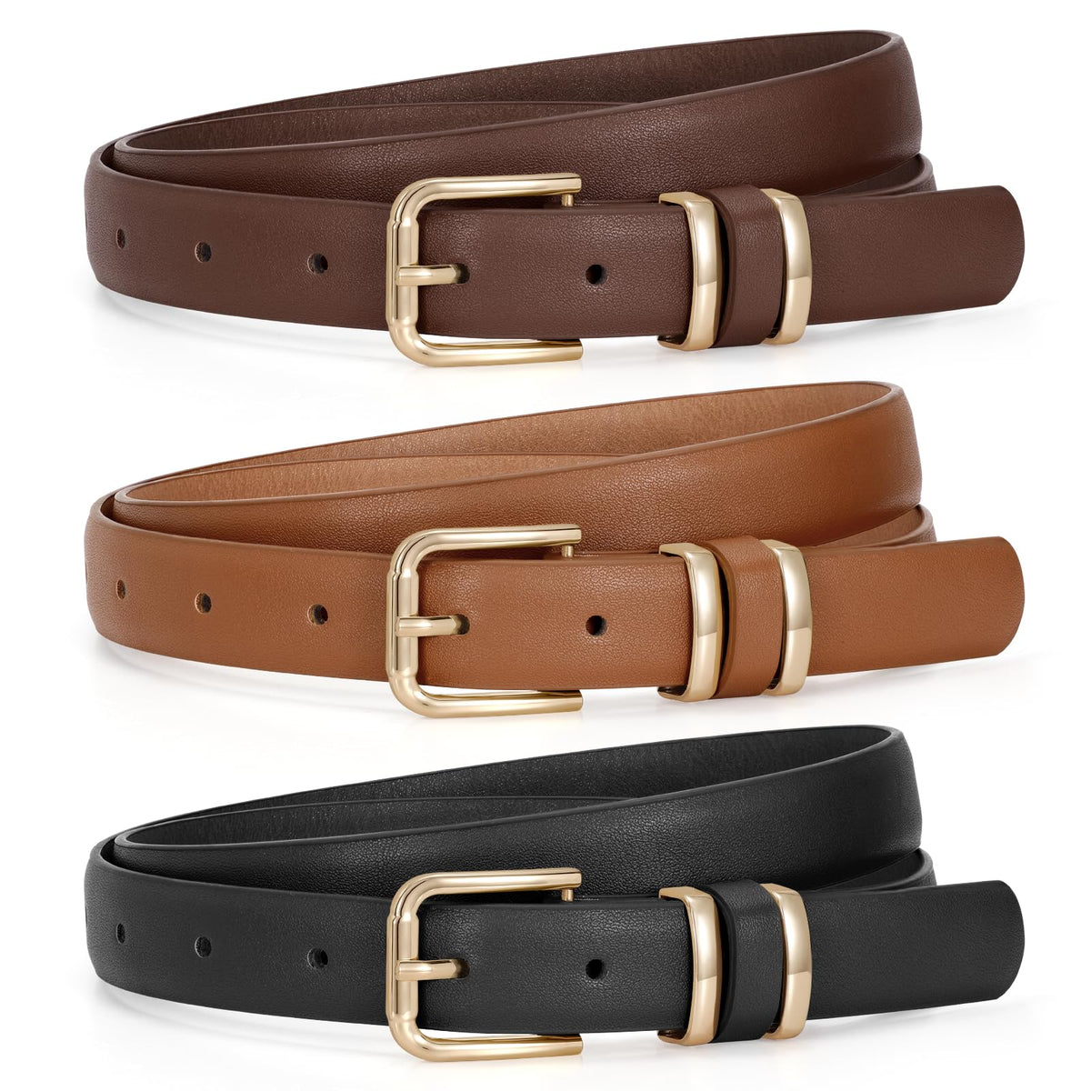 JASGOOD 3 Pack Chocolate Brown Belts for Women Leather Belts for Jeans Pants Ladies Waist Belt Fashion Chocolate Brown Belt with Gold Buckle