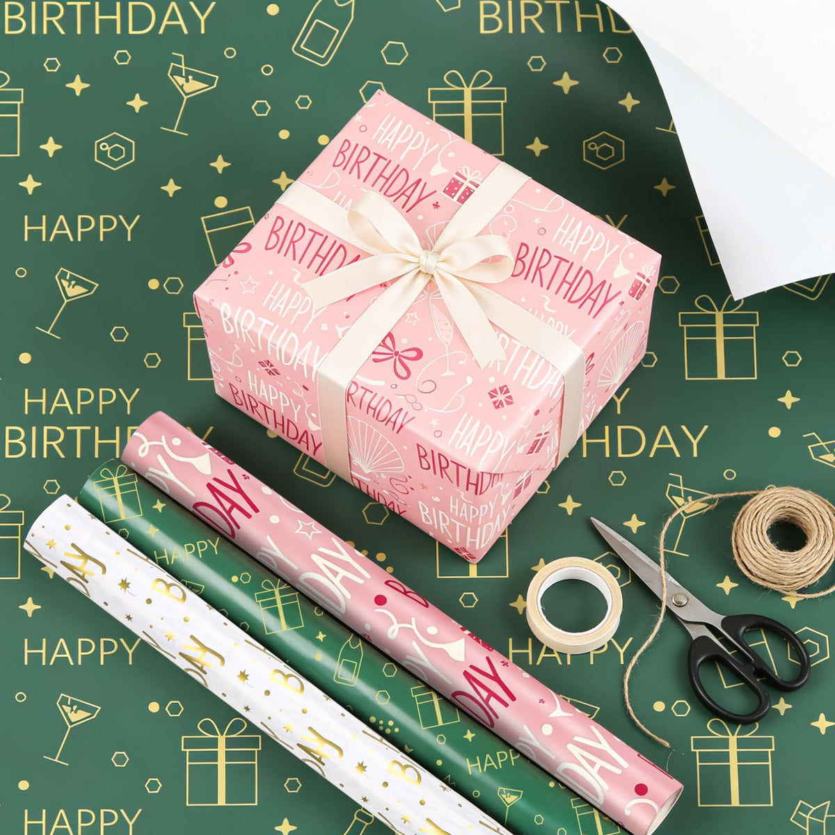 Lenpel Birthday Wrapping Paper Roll 3-Pack, 17 x 200 Inch Gift Wrap in Pink, Green & Gold, Birthday Wrapping Paper for Women, Kids and Adults, Perfect for Birthday Gift Wrapping