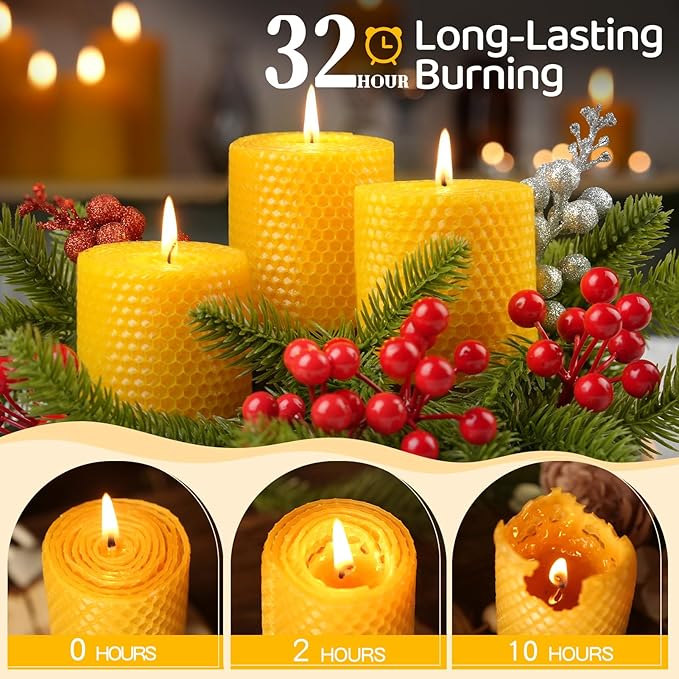 6 Pack Natural Beeswax Pillar Candles,2.8x4in Handmade Beeswax Rolled Candles,192 Hours Long Burning Honeycomb Bees Wax Candle for Gift & Home Decor,Dripless Smokeless Unscented
