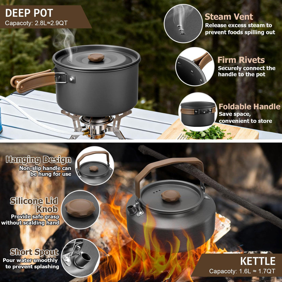 18Pcs Camping Cookware Mess Kit, Joyfair 7.8” Nonstick Camp Cooking Utensil Set (Pot, Pan, Kettle, Grill Grate), Outdoor Backpacking Gear Open Fire Essentials Accessories, Compact/Portable/Lightweight