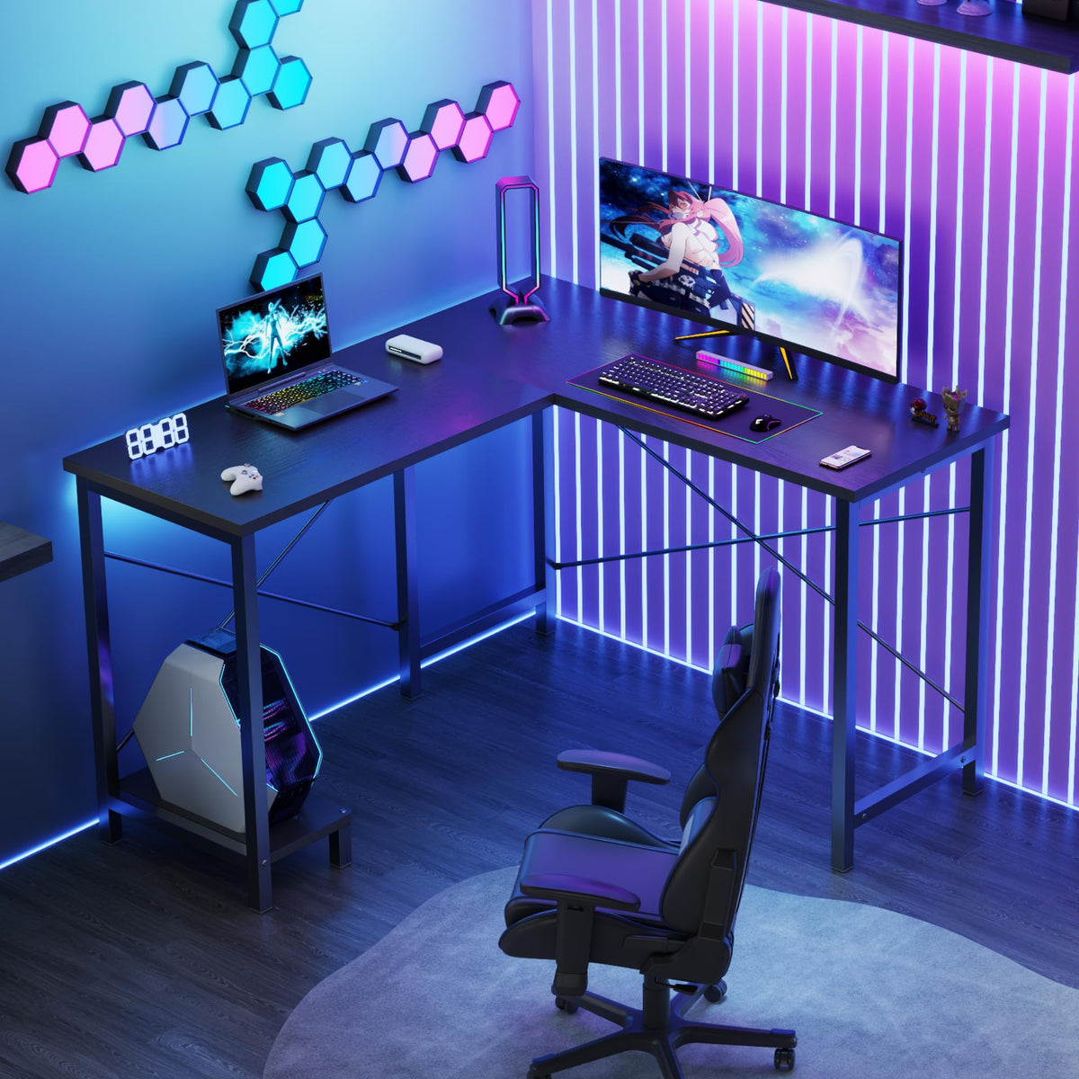DUMOS L Shaped Desk, Computer Gaming Desks Corner Office Table with CPU Shelf for Home Study Writing Work Station 50 Inch, Black