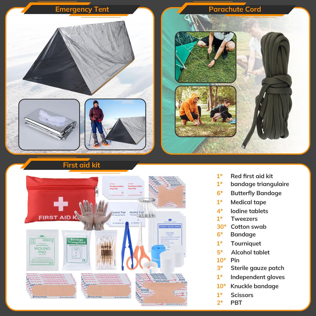 Survival Kit, 250pcs Survival Tools Tactical Gear and Trauma Bag, Survival First Aid Kit with Molle Crossbody Bag & Emergency Tent for Earthquake, Bug Out, Outdoor Adventure, Gifts for Christmas Men