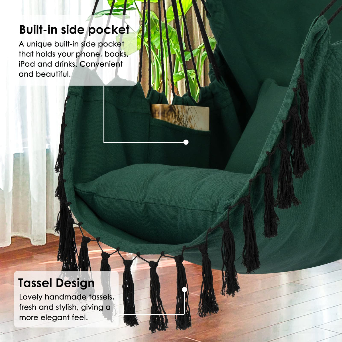 Y- STOP Hammock Chair Hanging Rope Swing, Max 500 Lbs, 2 Cushions Included, Large Macrame Hanging Chair with Pocket for Superior Comfort, with Hardware Kit, Green