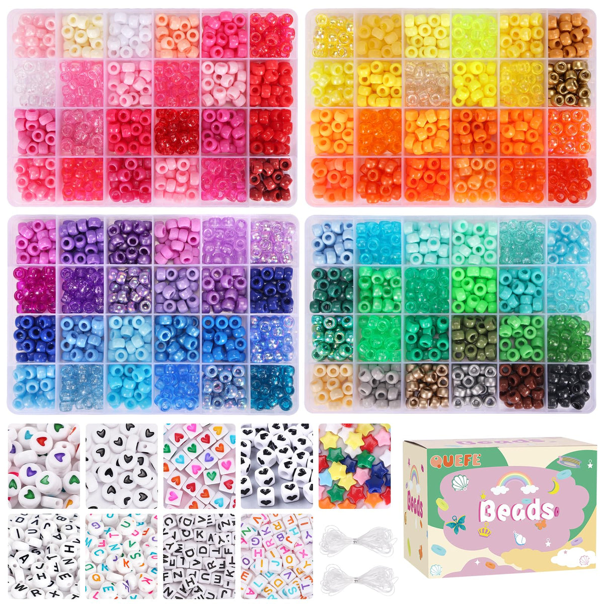 Bracelet Making Kit 96 Colors Pony Beads 3300pcs Friendship Bracelet Kit Rainbow Kandi Beads with Letter and Heart Beads Elastic Threads for Kids Adults Keychain Jewelry Necklace Making