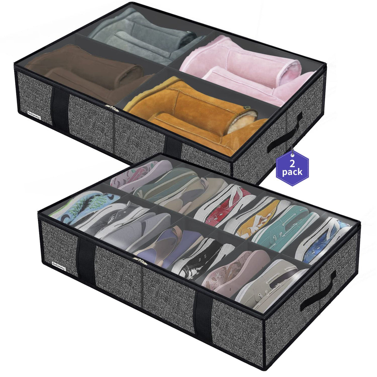 Onlyeasy 2 Pack Under Bed Shoes Storage Bag Organizer (14+4 Pairs), Collapsible Shoe Boot Container with Handles, Underbed Storage Solution for Kids & Adults, 86x60x15cm, Linen-like Black, MXAUBS14S4