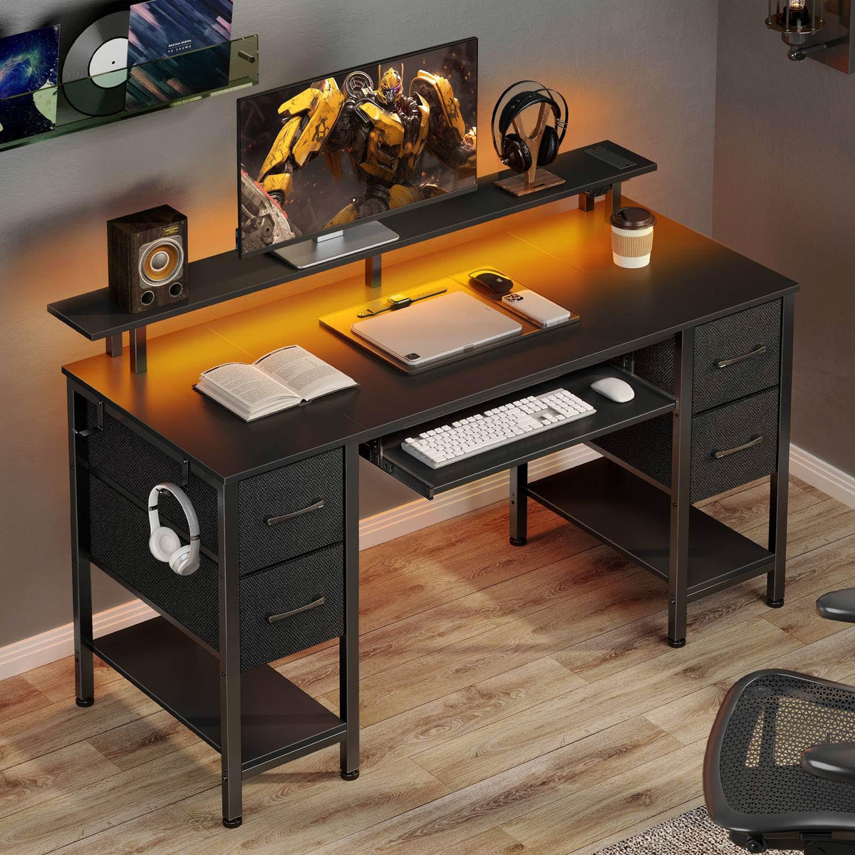 Seventable Computer Desk 47.2" with LED Lights & Power Outlets, Home Office Desk with 4 Drawers, Writing Desk with Keyboard Tray, Study Table with Monitor Stand, Work Desks for Home Office, Black