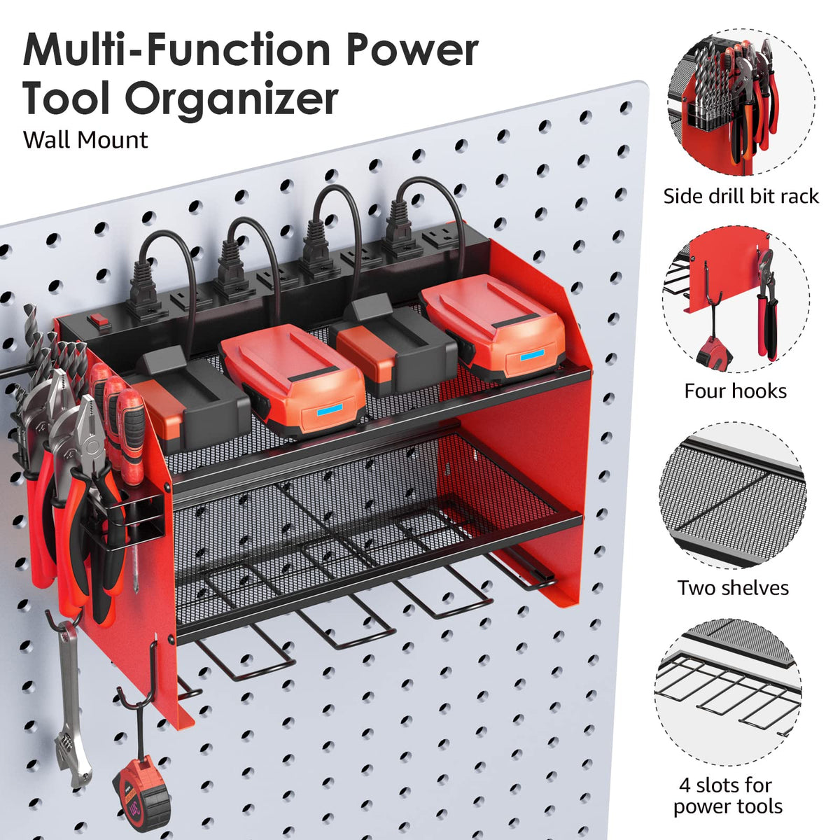 CCCEI Modular Power Tool Organizer Wall Mount with Charging Station. Garage Drill Storage Shelf with Hooks, Heavy Duty Rack, Tool Battery Holder Built in 8 Outlet. Gift for Men. Red, 1 Pack.