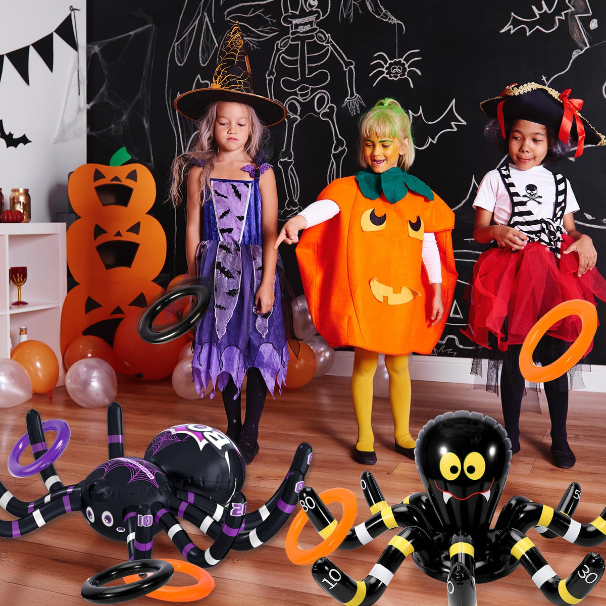 Max Fun Halloween Ring Toss Games for Kids, 2 Pack Inflatable Spiders Set Halloween Party Favor Supplies Holiday Carnival School Decoration Outdoor Indoor Spooky Creepy Game