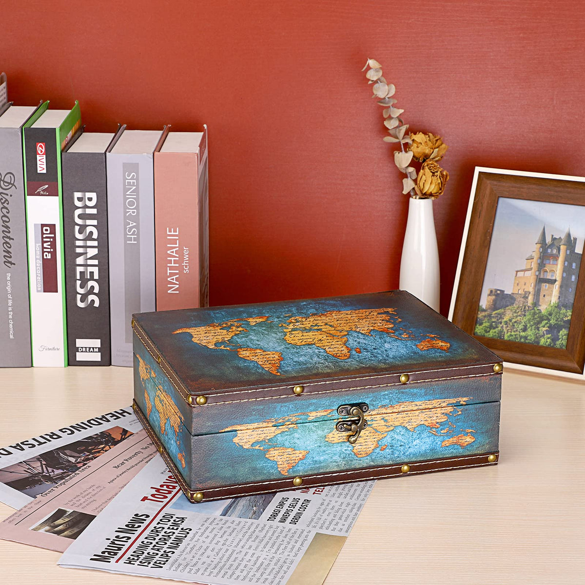 ELLDOO Decorative Treasure Chest Box, Wooden + PU Leather Storage Box for Jewelry Trinkets Photos, Rectangular Keepsakes box for Girls Women Gifts, Green Map Pattern