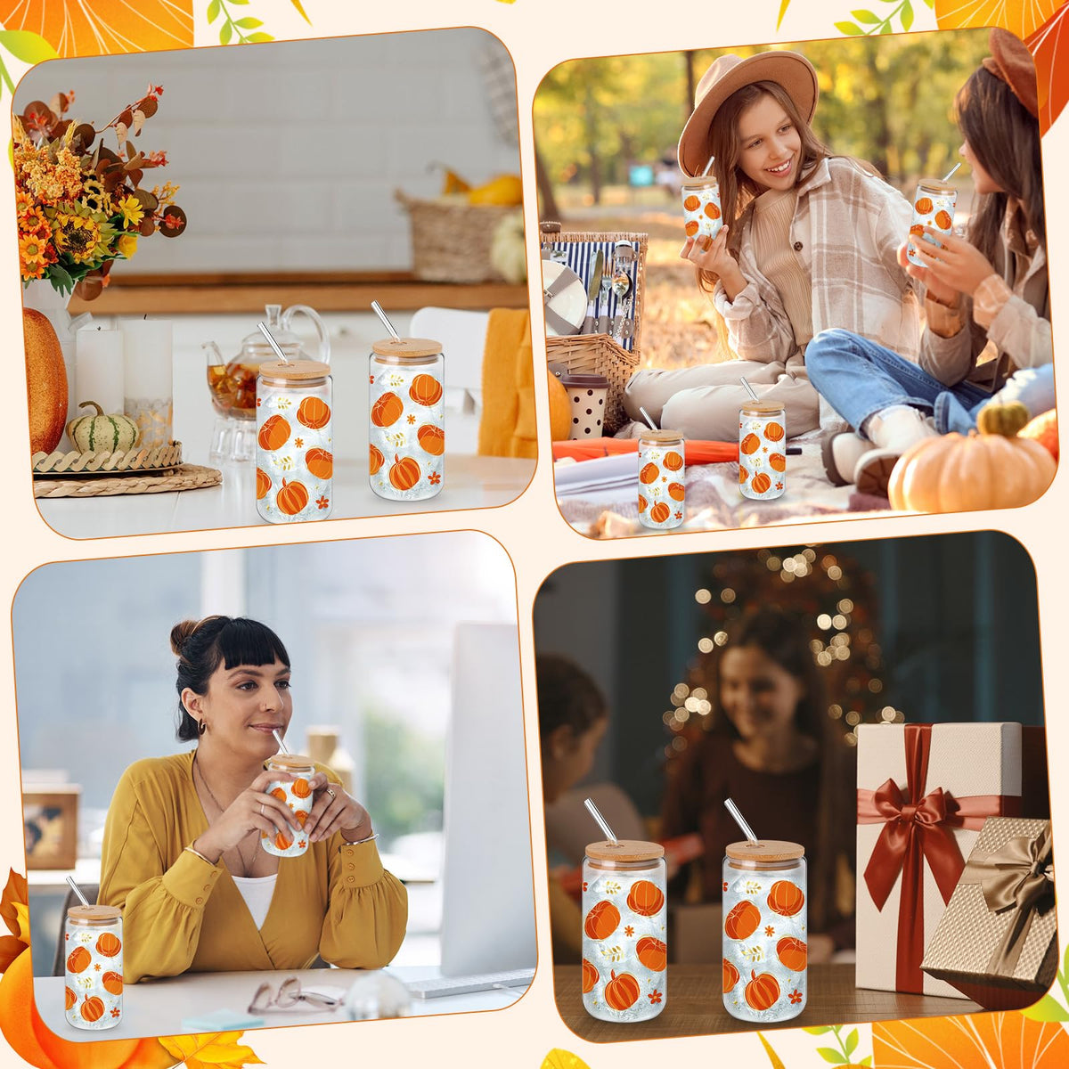 Yetene 12 Pcs Thanksgiving Fall Glass Cups Gifts 16 oz Color Changing Pumpkin Glass Tumblers with Lids Straws Brushes Funny Fall Pumpkin Iced Coffee Cups for Autumn Halloween Party Gifts Supplies