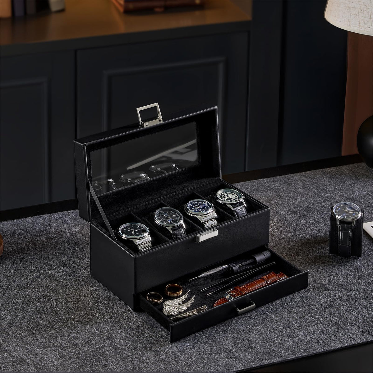 ProCase Watch Case, 4 Slot Mens Watch Box Holder Organizer with Glass Lid, 2-Layer Watches Display Case, Mens Jewelry Box with Drawer, Birthday Valentine Gifts for Men Women -4 Slot, Black