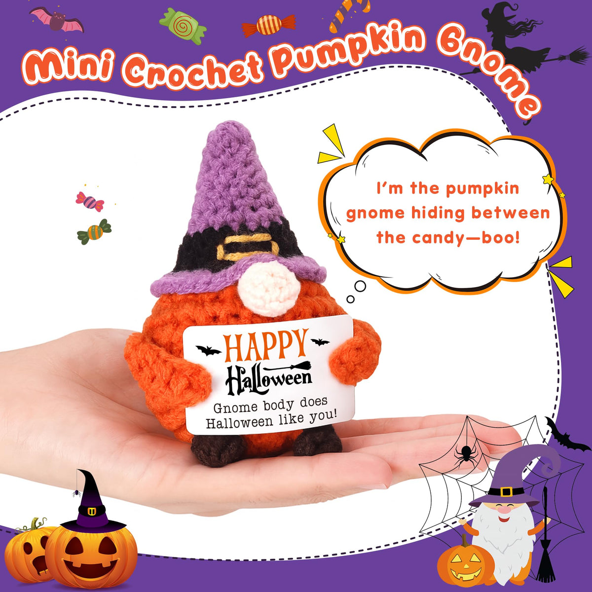 BVXFR Mini Halloween Gnome Witch Hat Boo Basket Stuffers Gifts for Women Men Spooky Halloween Decorations Indoor Gifts for Teen Girl Boy Kid Friend, Handmade Crochet Gnome Pumpkin Decor