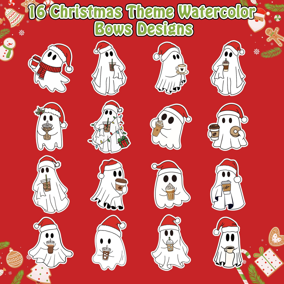 DSjuedui Christmas Ghost Coffee Roll Stickers - 1000Pcs Xmas Cartoon Boo Waterproof Stickers for Kids, Santa Hats Vinyl Decals for Laptops Guitar Bottles Party Decoration Birthday Gift Teacher Rewards