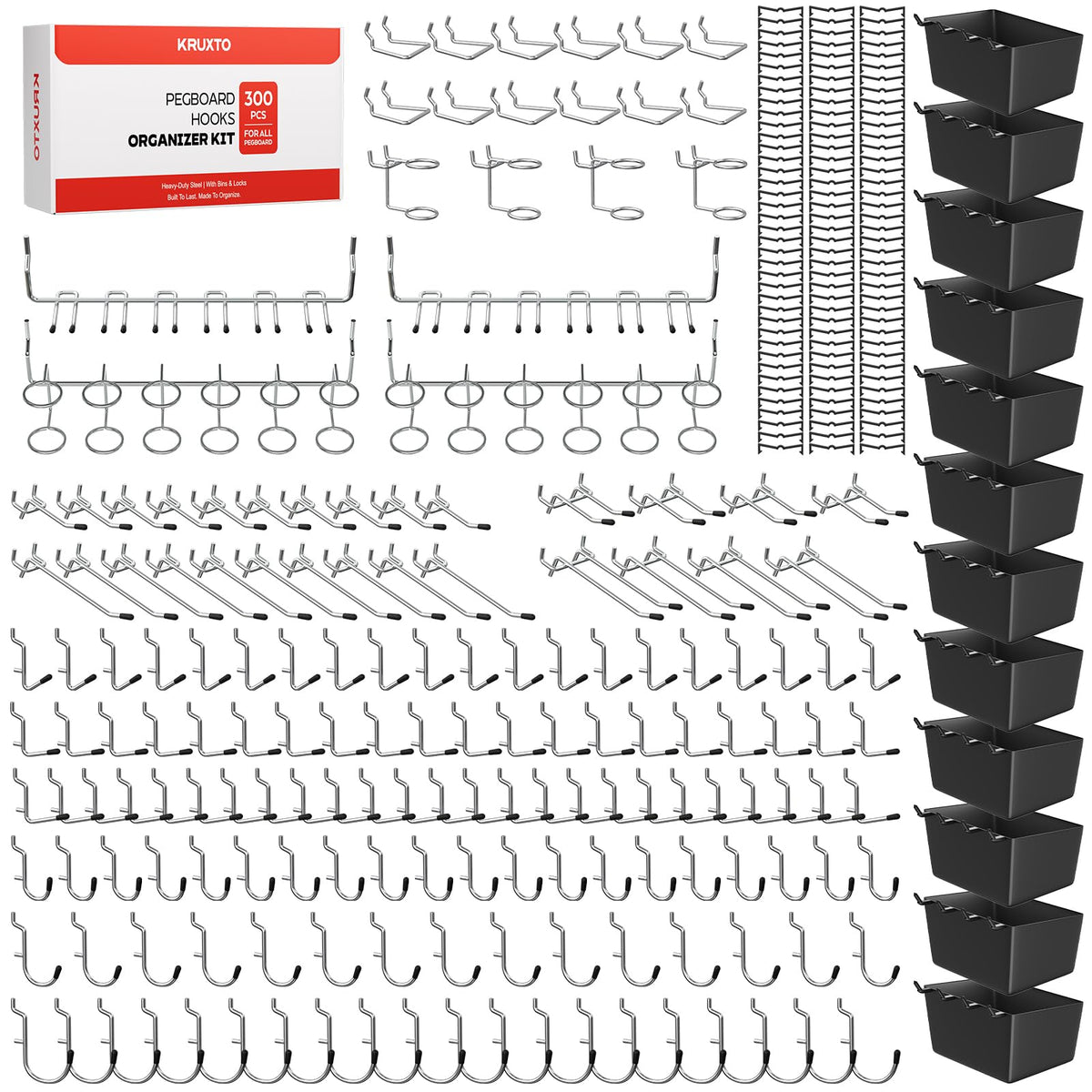 KRUXTO 300 PCS Pegboard Hooks Kit, Peg Board Organizer Accessories with Bins, Fit 1/8 or 1/4 Inch Pegboard for Hanging Various Tools in Garage, Workbench, Craft Room, Kitchen