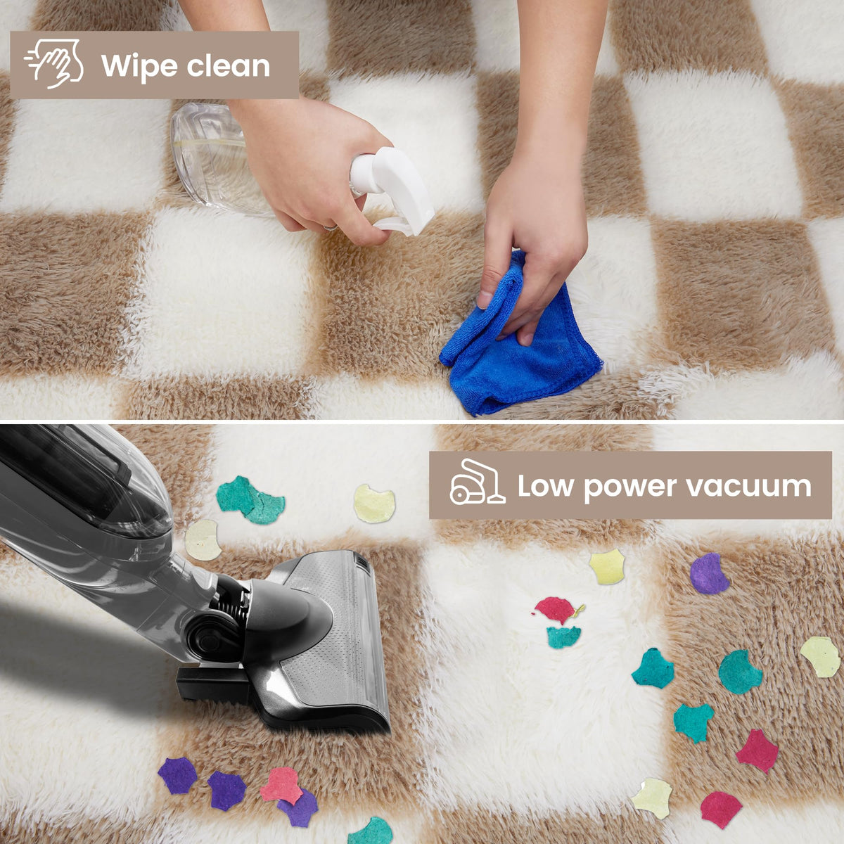 Super Soft Rug for Bedroom, 8x10 Ft Beige and White Area Rug Classic Checkered Shaggy Anti-Skid High Pile Soft Fluffy Rug Fuzzy Carpet for Living Room Bedroom Kids Room Nursery, Dorm Home Decor