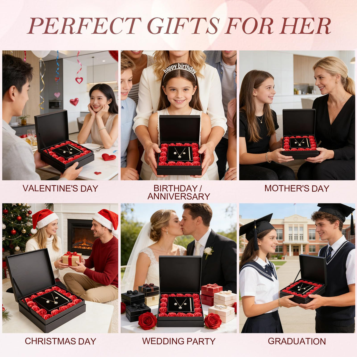 WDS WONDROUS Preserved Rose Jewelry Set for Women, 4-Piece Red Rose Gift Box with Necklace Earrings Bracelet, Valentines Day Anniversary Birthday Gift for Her Wife Girlfriend Mom