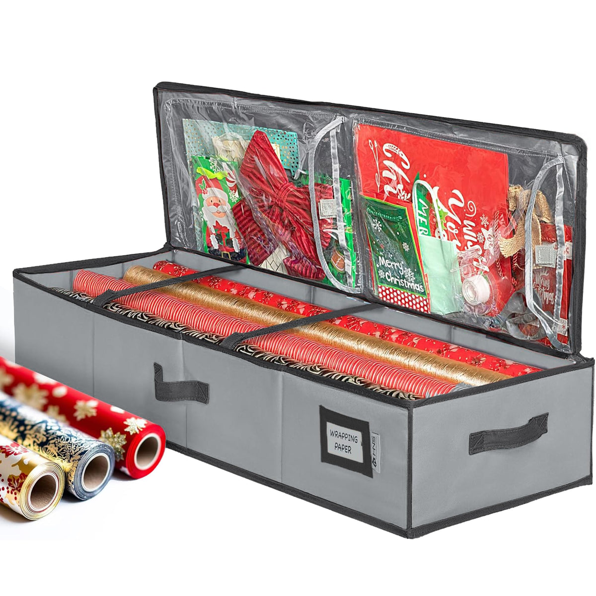HOLDN’ STORAGE Premium Wrapping Paper Storage Container - Durable 600D Tear-Proof, Fits 27 Rolls Gift Wrap, Extra Pockets for Ribbons & Bows, Underbed Storage - Ideal for Holiday Christmas, Gray