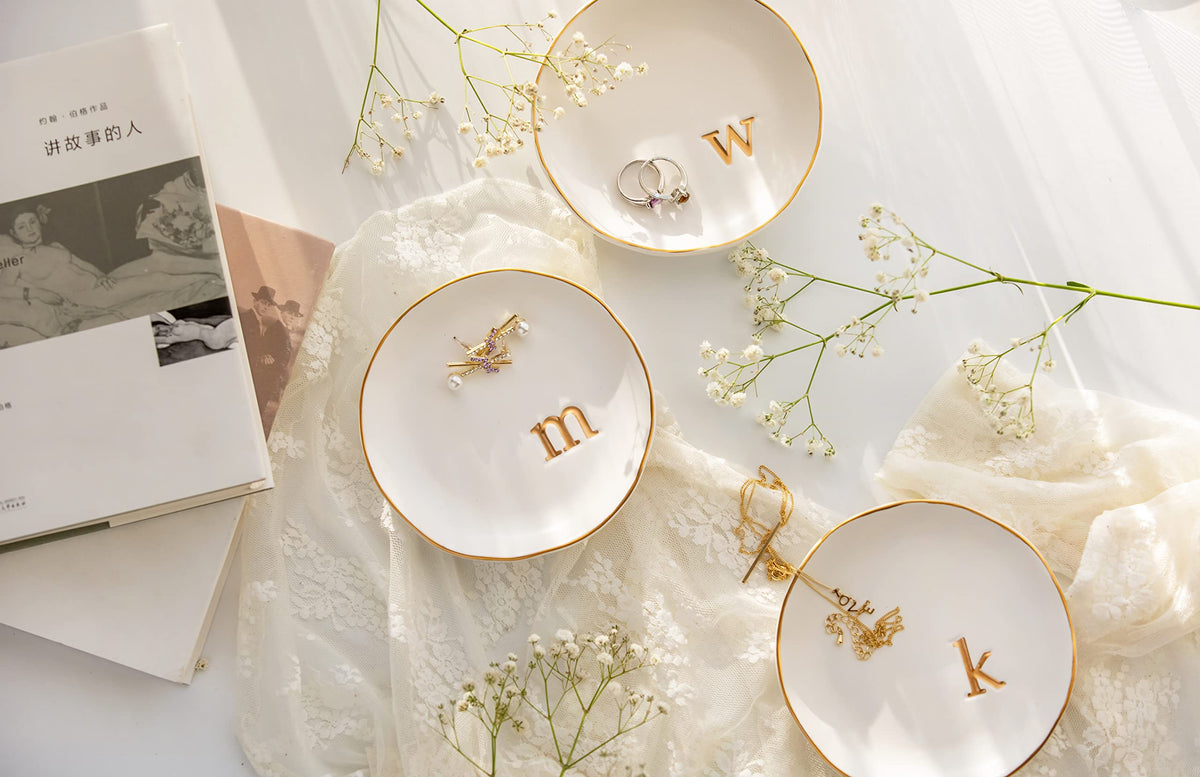 COLLECTIVE HOME - Ceramic Jewelry Tray, Decorative Trinket Dish for Rings Earrings Necklaces Bracelet Watch Keys, Birthday Mother's Day Christmas Gift for Women, 4.75", White Surface (K)