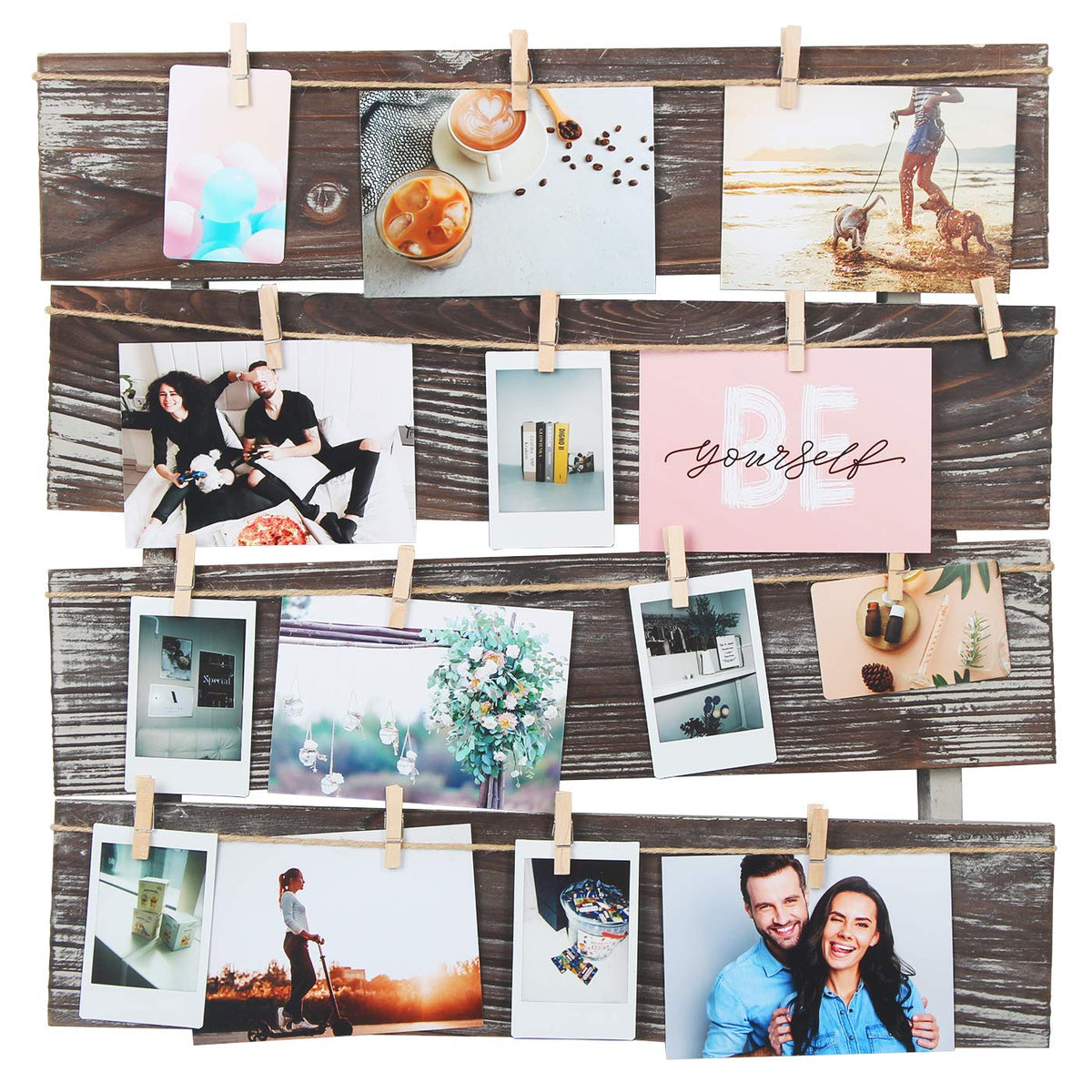 J JACKCUBE DESIGN Wall Mount Rustic Wood Clip Photo Holder, Photo Collage Frame for Multi Photo Display Wall Décor with 24 Clips 17.5 X 17.3inch - MK558A