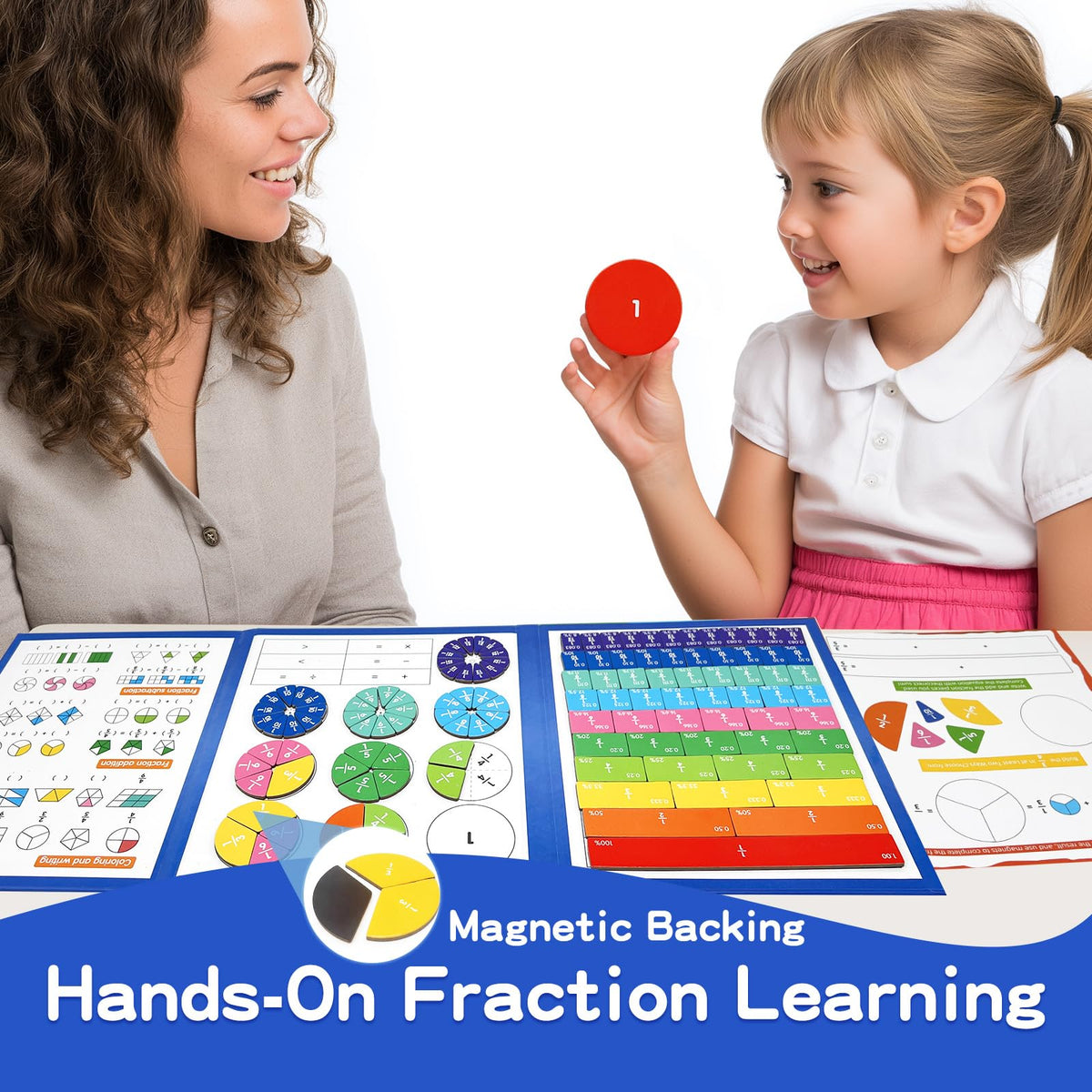CABVIP Magnetic Fraction Tiles & Circles Set with Dry Erase Board - Montessori Math Manipulatives Kit for Grade 1-5, Homeschool Classroom Fraction Puzzles and Games