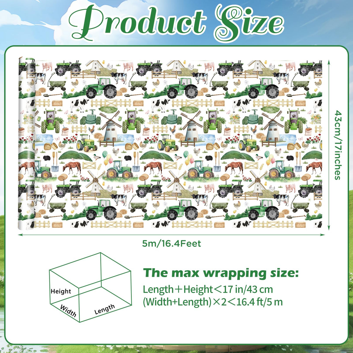 Pineraap Farm Birthday Gift Wrapping Paper Roll, 17 Inch × 16.4 Feet, Farm Animal Gift Wrap, Green Tractor Birthday Wrapping Paper for Farm Lovers Baby Shower Holiday Rustic Party Decoration