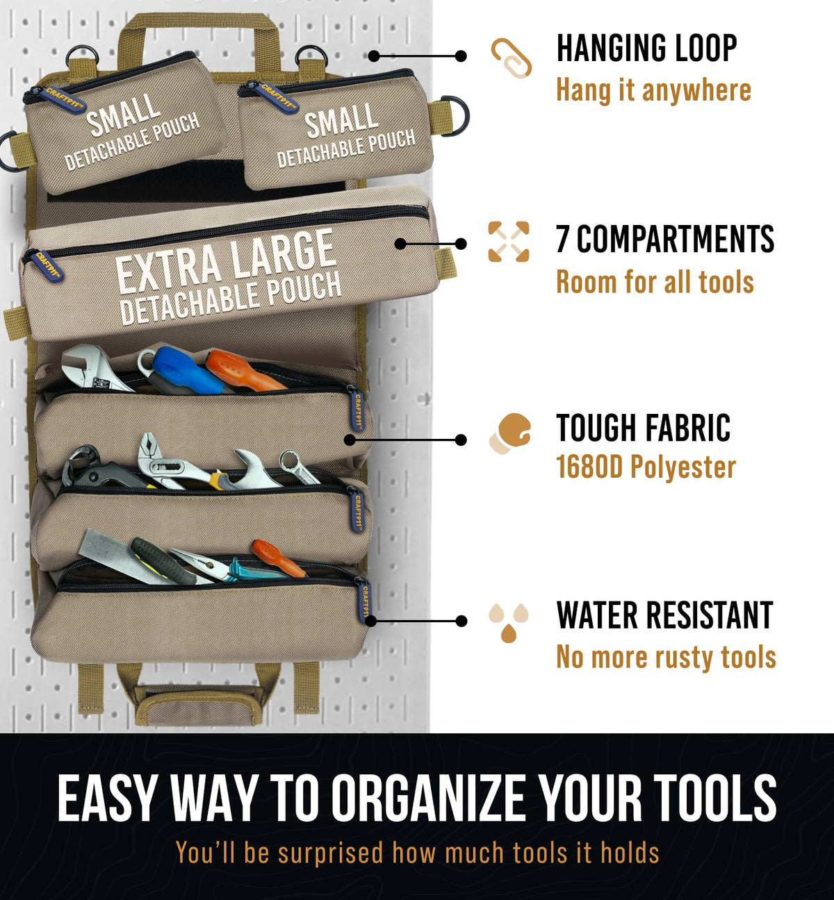 TOUGHEST Roll Up Tool Bag Organizer - 7 Pouches (3 Detachable) Compact Portable Tool Storage Box - 1680D Waterproof Small Tool Bag for Car - Gifts for Dad Mechanic Electrician