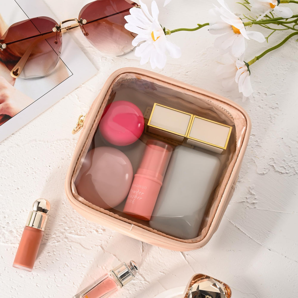 Aveniee Small Clear Makeup Bag, Mini Makeup Bag for Purse Organizer, Cosmetic Bag Travel Zipper Pouch for Women, Cute Car Accessories for Skincare Lipstick Essentials-Sand