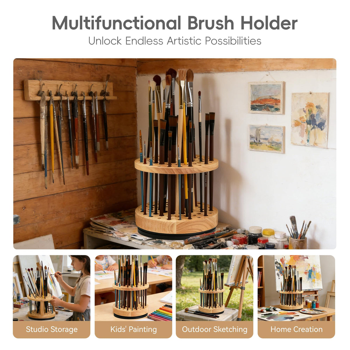 360° Rotating Brush Storage Rack|52-Hole Brush Holder|Hardwood Storage Stand|Space-Saving Brush Organizer|Suitable for Artist Brushes,Craft Tools, Makeup Brushes,Calligraphy Pens