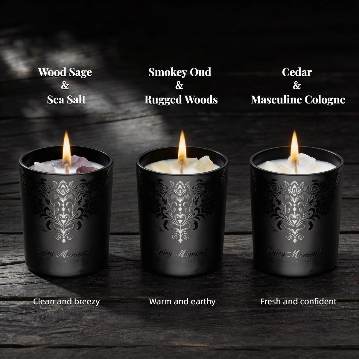 Luxury Black Crystal Candle Gift Set for Men – 3 Pack 7oz Soy & Beeswax Candles with Real Natural Crystals, Zinc Alloy Lids & Wick Trimmer, 120H Burn Time, Masculine Woodsy Home Fragrance