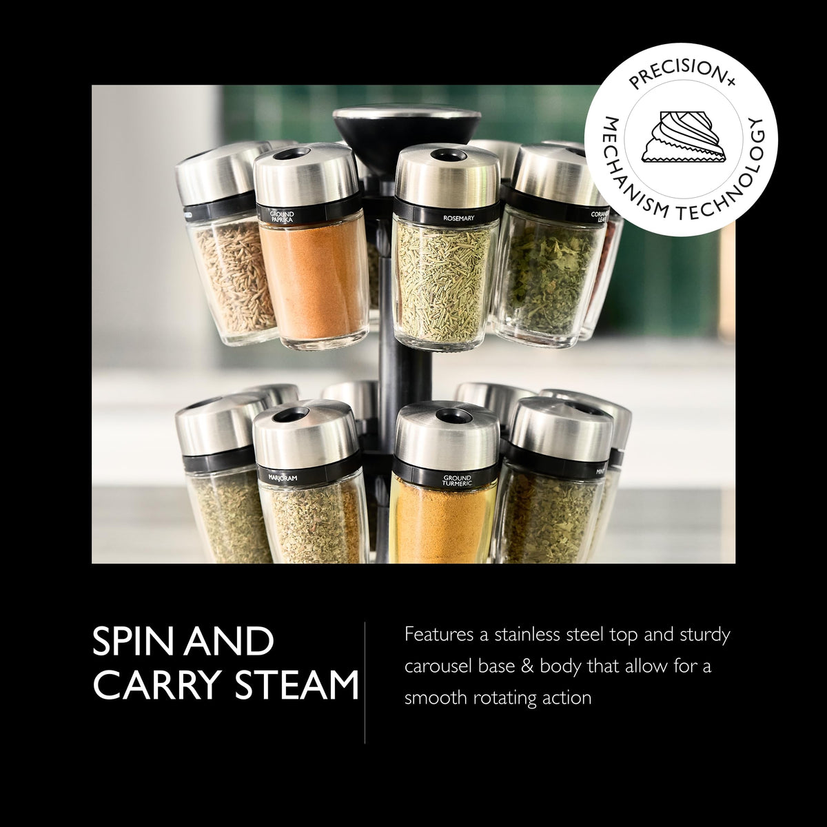 Cole & Mason 16 Herb & Spice Carousel - Rotating Spice Rack - Metal Two-Tier Organizer - Lazy Susan Style - Stainless Steel/Black, 10 inch