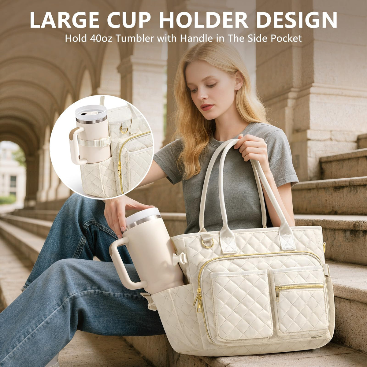Large Bible Bag with Bible Cover Case for Women, Quilted Church Tote Bag Carrying Case w/Shoulder Strap Bible Study Supplies Journaling Kit Accessories Mothers Day Christian Gift for Women Mom Teacher