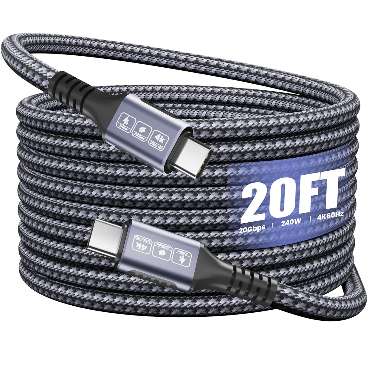 Arkidyn 20ft, 240W 20Gbps 4K@60Hz 17/16/15, USB C to USB C Cable PD Fast Charging, Data Transfer, Video Cable, Durable
