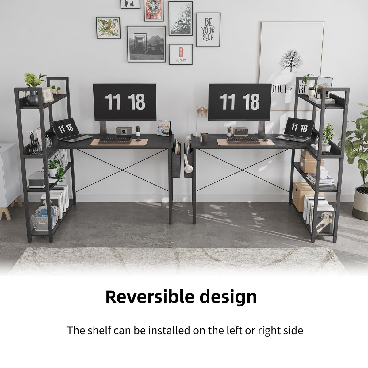 Treesland 55 Inch Small L Shaped Desk, Corner Desk with Bookshelf, Home Office Desk, Writing Study Desk for Bedroom, Black