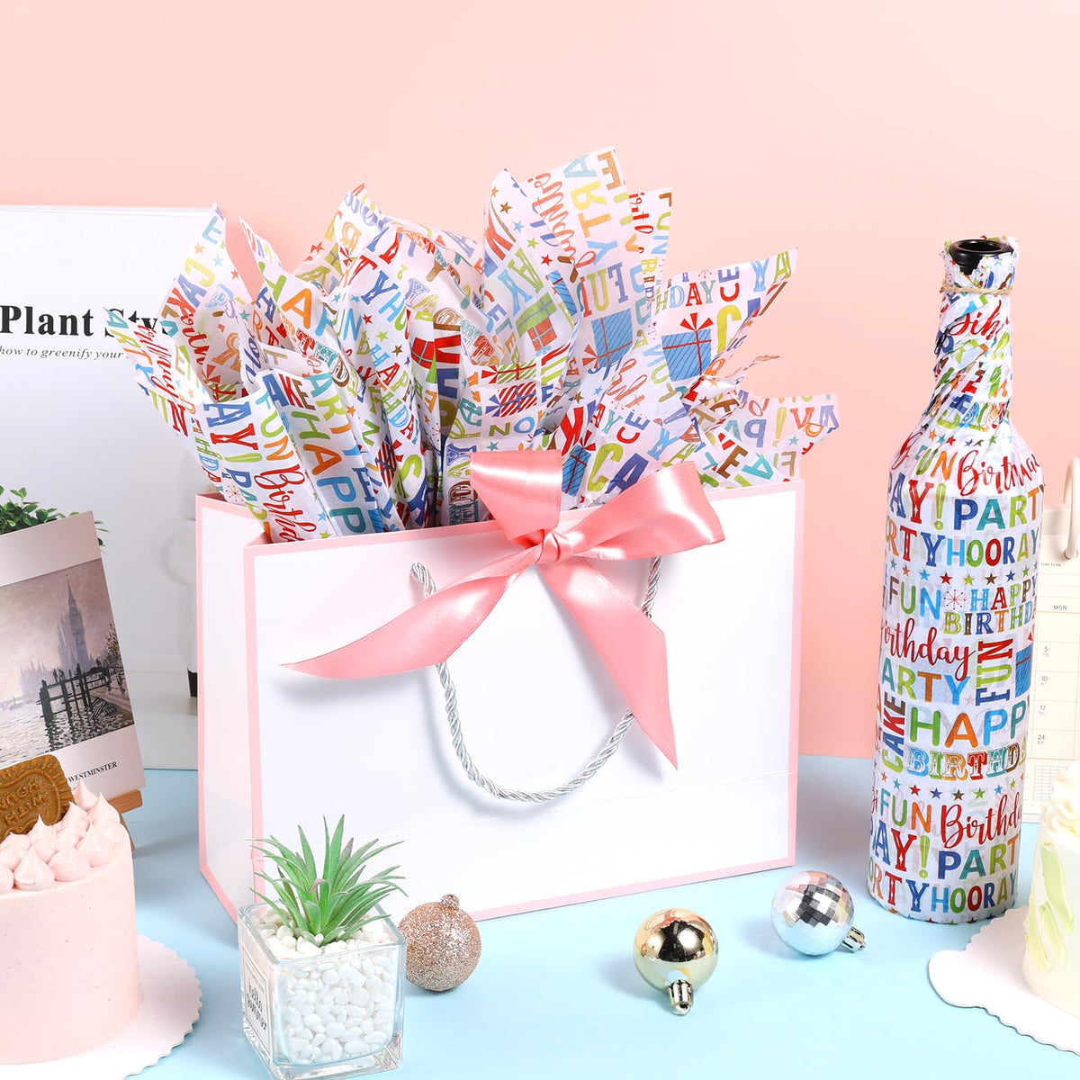 100 Sheets Happy Birthday Tissue Paper, Watercolor Letters Wrapping Paper for Birthday DIY Crafts Christmas Party Supplies, 13.8 x 19.7 Inch