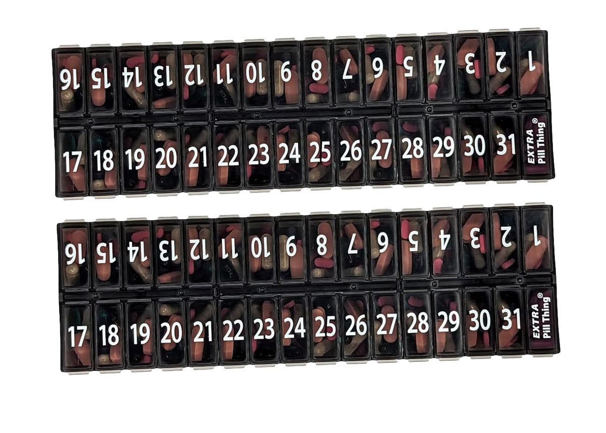 AM PM 31 Day Once-a Day Monthly Pill Planner Organizers - Large Compartment Pill Boxes Store Medications for Entire Month Plus Compartment for Extra Pills (AM/PM) (Am/Pm Black & Black)