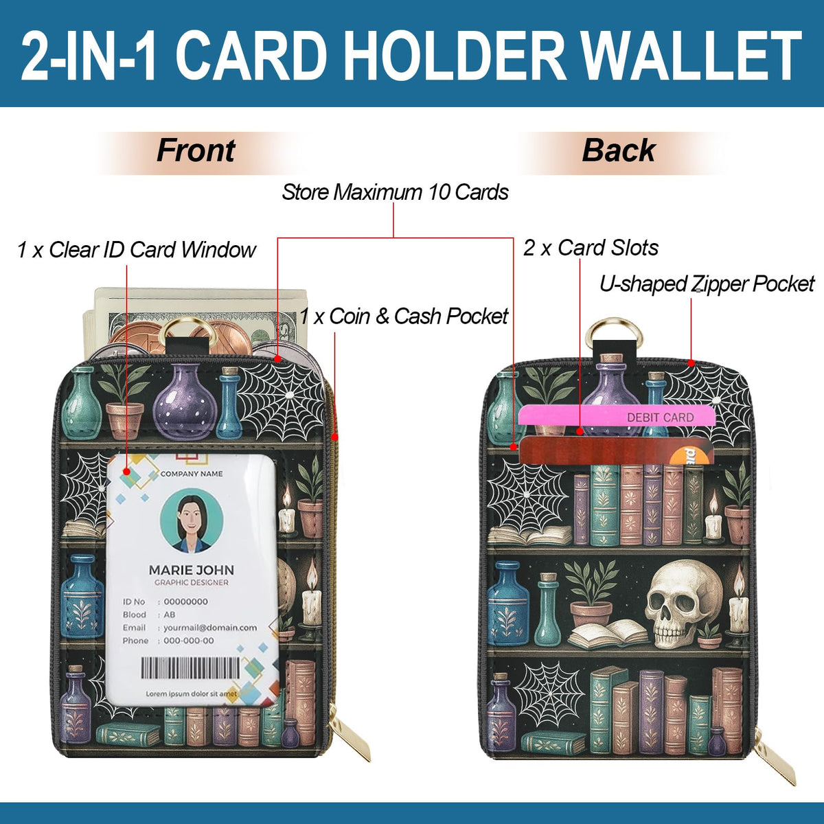 QRZIQRZ Lanyards Wallet & ID Badge Holder,Skull Bookshelf ID Case with Zipper,RFID Credit Card Holder for Women,Detachable Neck Lanyard Wrist Strap with Keychain Phone Holder for Teacher Nurse Gifts