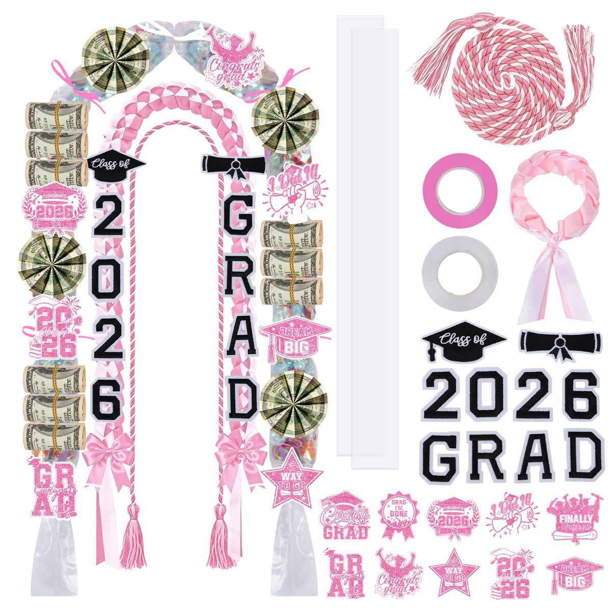 Hamdwerk Candy Leis for Graduation 2026, 36Pcs Graduation Leis Class of 2026, Graduate Ribbon Lei Making Kits with Honor Cord Patches Cards, Pink White Double Lei Necklace Decorations Graduation Gift