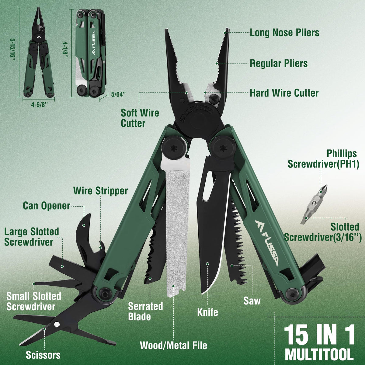 FLISSA Multitool, 15-in-1 Multi Tool Pocket Knife with Sheath, Stainless Steel EDC Multitool Pliers for Men, All-in-One Tools for Camping, Fishing, Survival