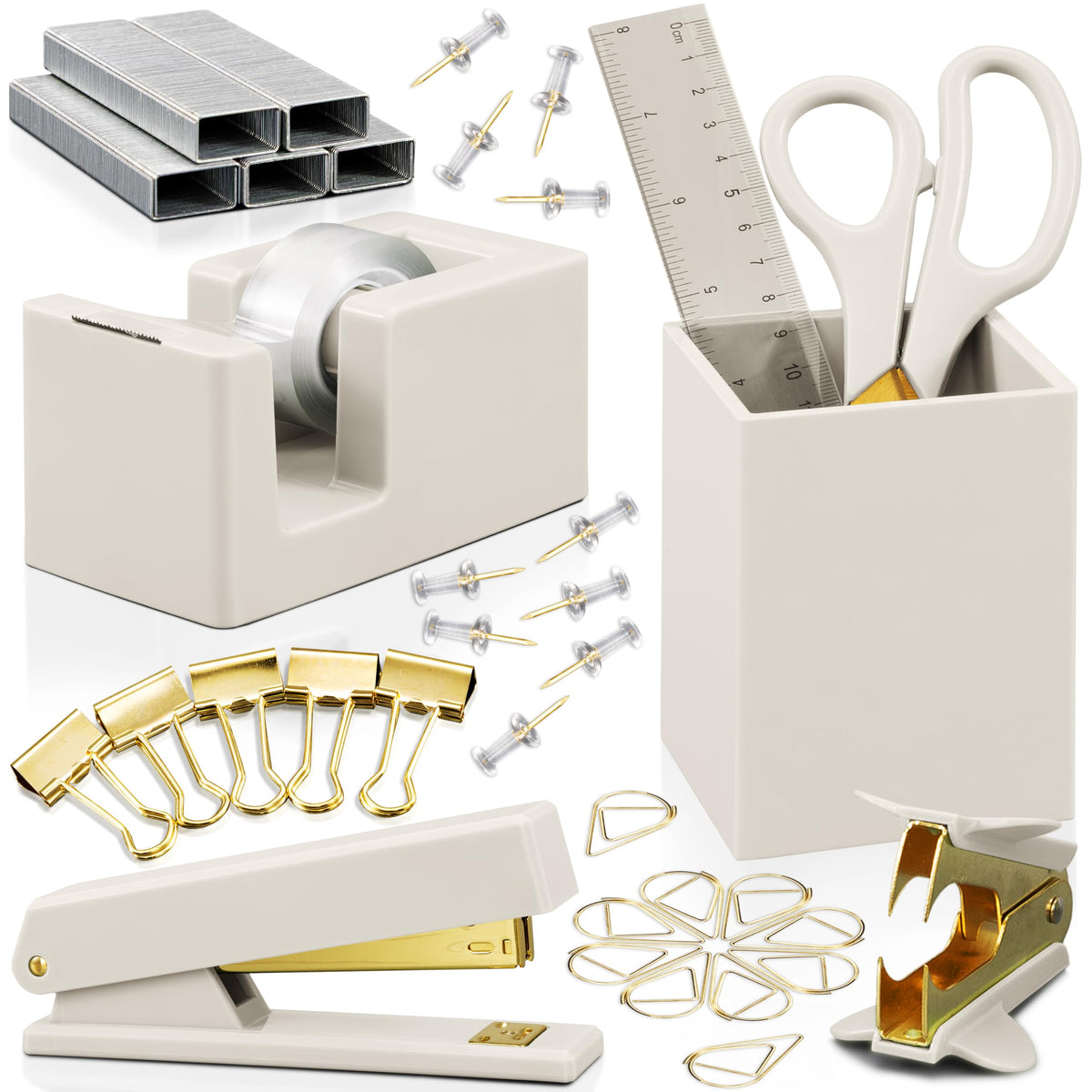 Aesthetic Desk Accessories Set - A Complete Desktop Organizer Set For Women Enhances Any Office Decor - An Office Supplies Kit w Gold Finish incl. Pen Holder, Scissors, Stapler, Tape Dispenser & More