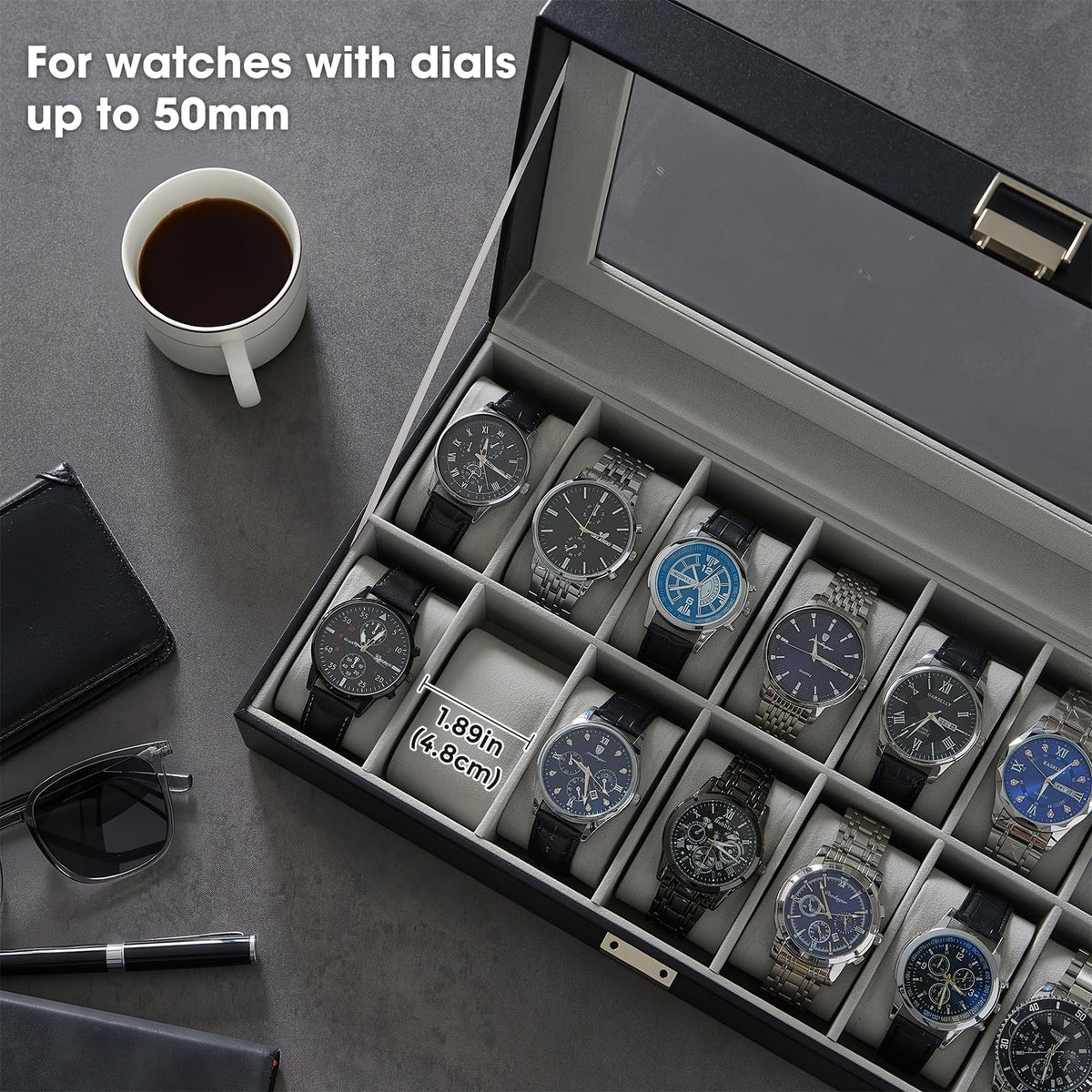 ProCase Watch Case for Men, 14 Slot Mens Watch Box Holder Organizer with Glass Lid, Watches Display Case Birthday Valentine Gifts for Men Women -14 Slot, Black